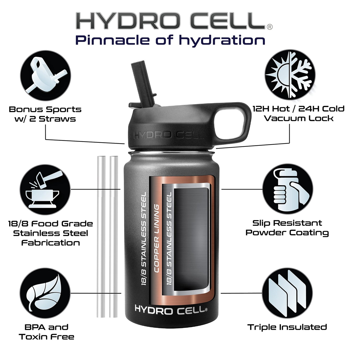 HYDRO CELL Stainless Steel Insulated Water Bottle with Straw - For Cold & Hot Drinks - Metal Vacuum Flask with Screw Cap and Modern Leakproof Sport Thermos for Kids & Adults (Graphite/Black 14oz)