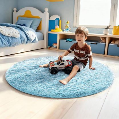 Ophanie Round Rug - Fluffy Light Blue Circle Area Rug | 4Ft Plush Shag Carpet for Kids' Rooms