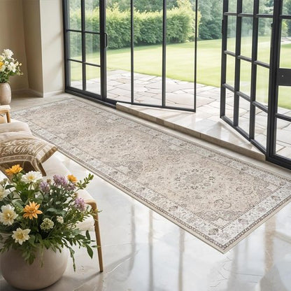 Hallway Washable Runner Rug - Vintage Soft Non-Slip Floor Mat for Kitchen & Entryway | 3x10 Beige