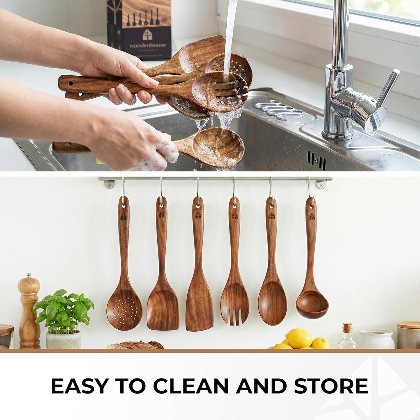 Skiennix Wooden Spoons - 6 Pcs Premium Teak Utensil Set | Durable, Nonstick, Easy to Clean & Heat Resistant
