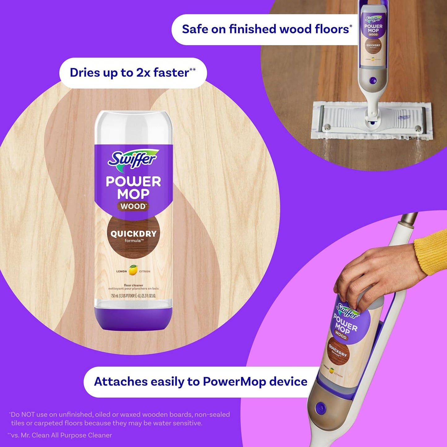 Swiffer Power Mop Solution - Quick-Dry Hardwood Floor Cleaner | All-Purpose Multi-Surface, Lemon Scent, 50.6oz