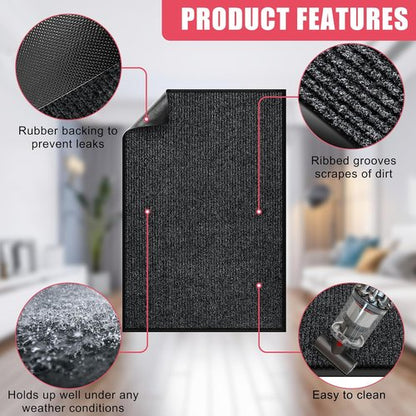 Kuyal Front Door Mat - Heavy Duty 4'x6' Indoor/Outdoor Entrance Mat with Non-Slip Rubber Backing | Black