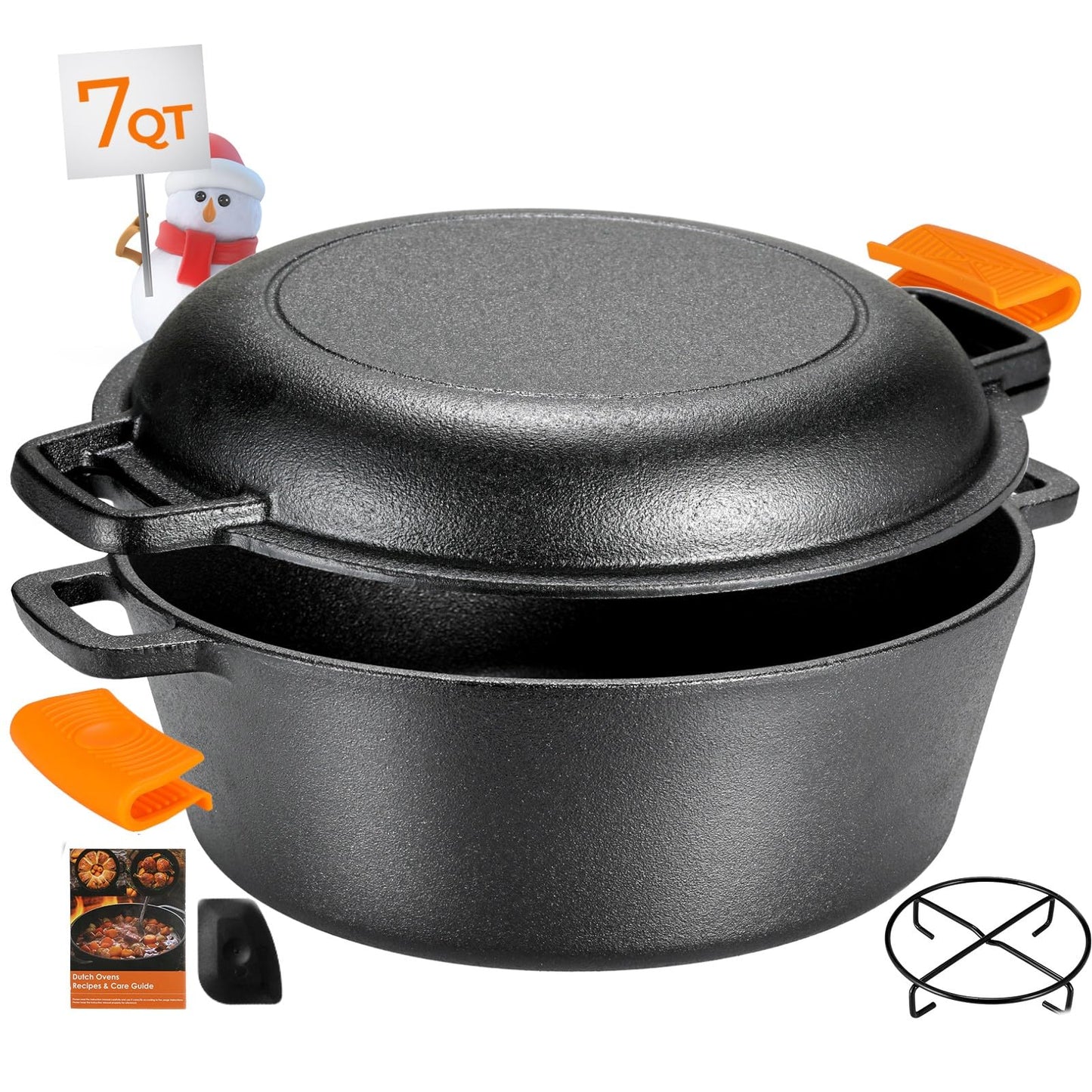 TLGREEN Cast Iron Dutch Oven Pot with Lid,Cast Iron Pot (5.1QT) and Cast Iron Lid as a Skillet(1.9QT) - Dutch Oven Cast Iron with Silicone Holders, Iron Stand, for Oven, Stove, Grill，Campfire