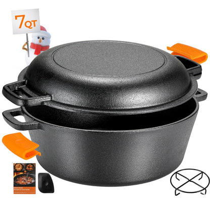 TLGREEN Cast Iron Dutch Oven Pot with Lid,Cast Iron Pot (5.1QT) and Cast Iron Lid as a Skillet(1.9QT) - Dutch Oven Cast Iron with Silicone Holders, Iron Stand, for Oven, Stove, Grill，Campfire