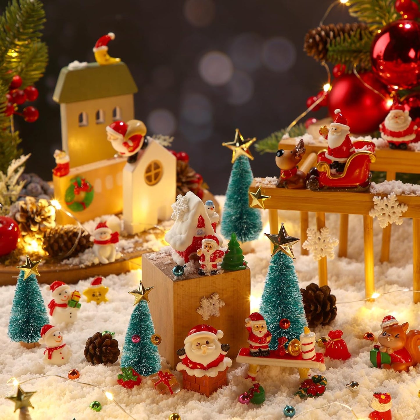 Roowest Miniature Ornaments - 96 Pcs DIY Snow Globe Kit for Christmas Village Decor | Snowman, Reindeer, Santa Claus, Snowflake (Teal)