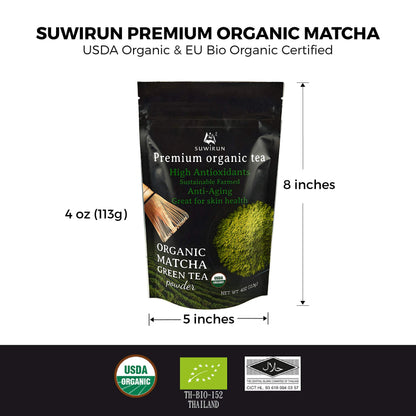 Suwirun Organic Matcha Green Tea Powder 4oz / Japanese Premium Culinary Grade Organic Matcha Powder - Natural Unsweetened Rich Flavor Matcha Powder Boba Tea Powder Latte Smoothie Antioxidants - 1 Pack