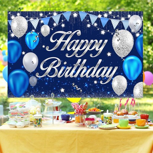 Happy Birthday Banner - Blue & Silver Party Decorations for Men, Women, Boys & Girls