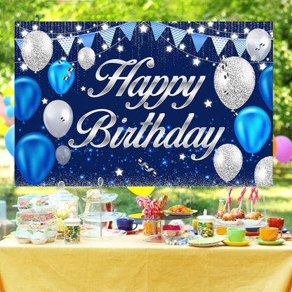 Happy Birthday Banner - Blue & Silver Party Decorations for Men, Women, Boys & Girls