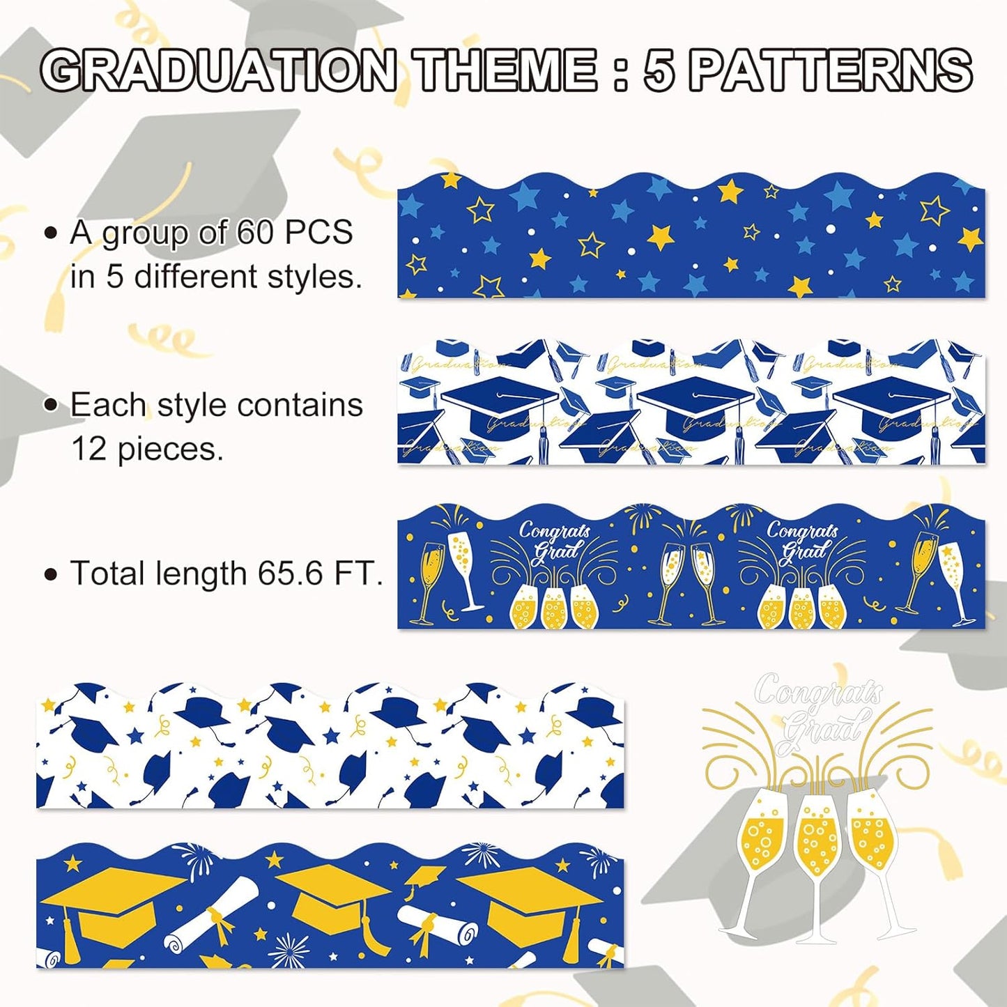 Whaline Graduation Bulletin Board Border - 69Ft Blue & Gold Cap Star Trim for Grad Party Decor