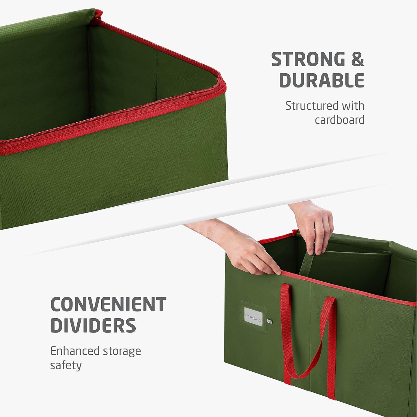 ZOBER Large Christmas Ornament Storage Box - Organize 128 3" Ornaments with Dividers - Durable Green Container with Extra Pockets & Dual Zipper