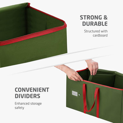 ZOBER Large Christmas Ornament Storage Box - Organize 128 3" Ornaments with Dividers - Durable Green Container with Extra Pockets & Dual Zipper