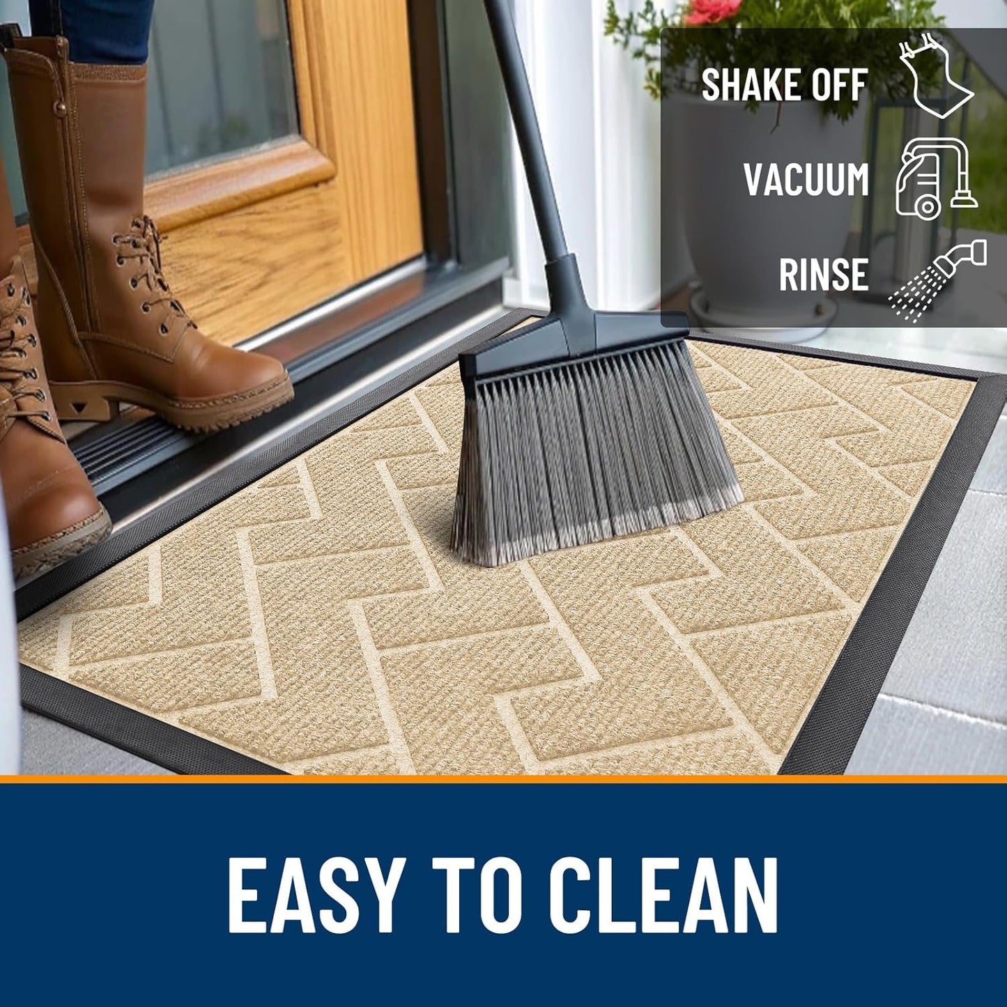 OLANLY Waterproof Front Door Mat - All-Season Herringbone Design | Sturdy Natural Rubber, Easy Clean (Beige, 47x23)