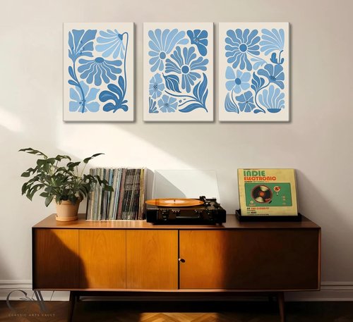 Blue Flower Market Canvas Wall Art - Boho Botanical Aesthetic Paintings for Living Room & Bedroom Decor