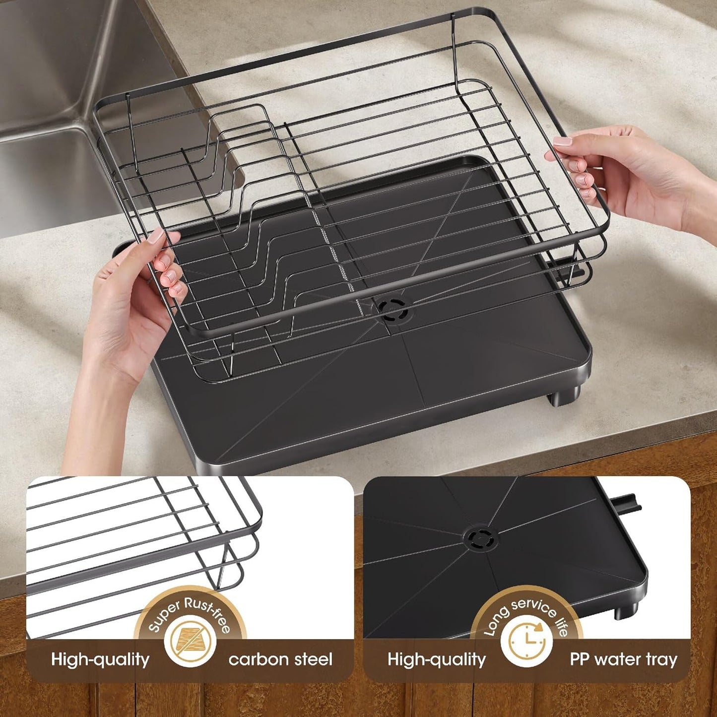 Runnatal Stainless Steel Dish Drying Rack - Large Capacity with Detachable Utensil Holder | Black
