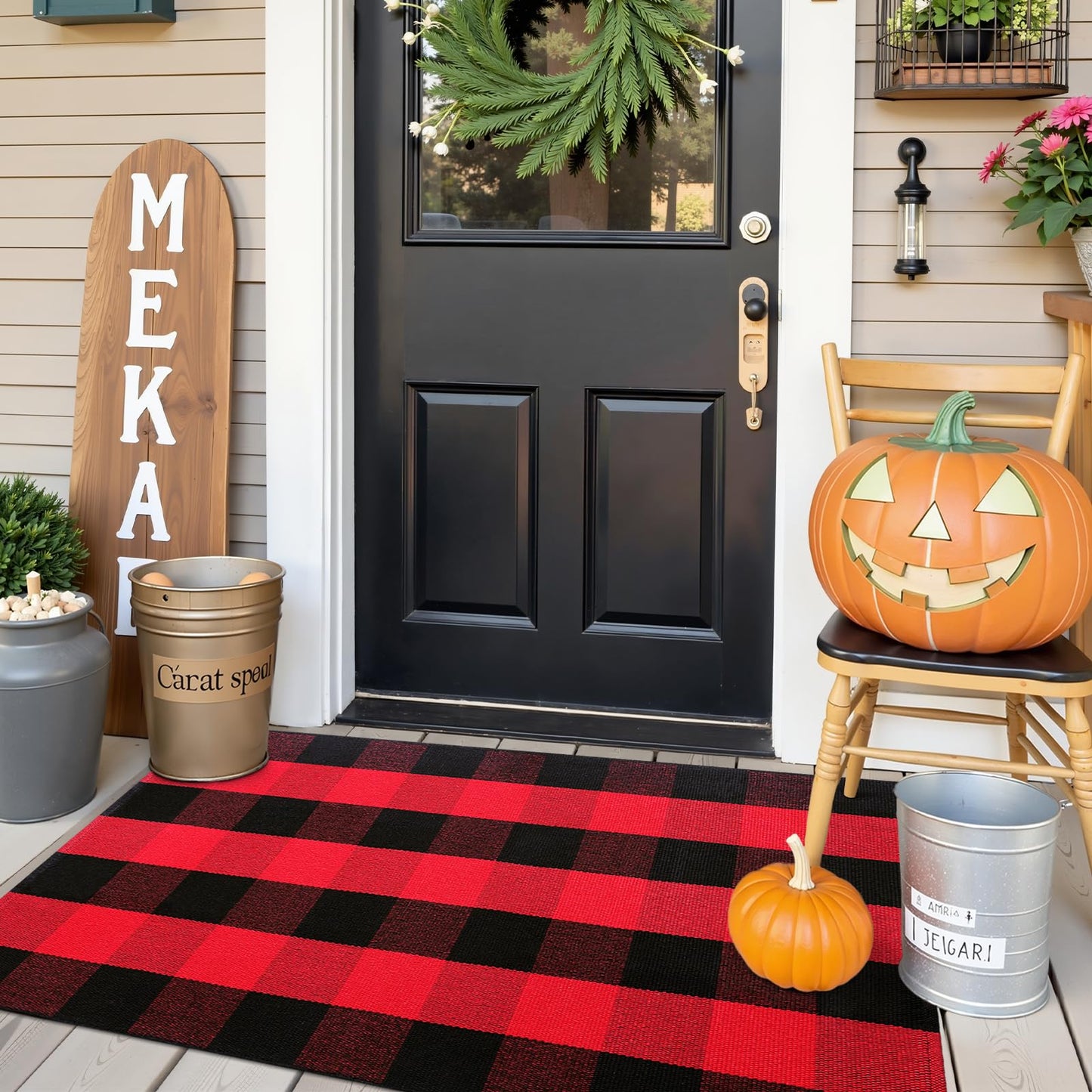OLANLY Buffalo Plaid Rug 2'4" x 3'7" (27.5" x 43") – Red and Black Cotton Checkered Doormat, Washable Indoor Outdoor Rug for Layered Front Porch, Kitchen, Entryway Decor
