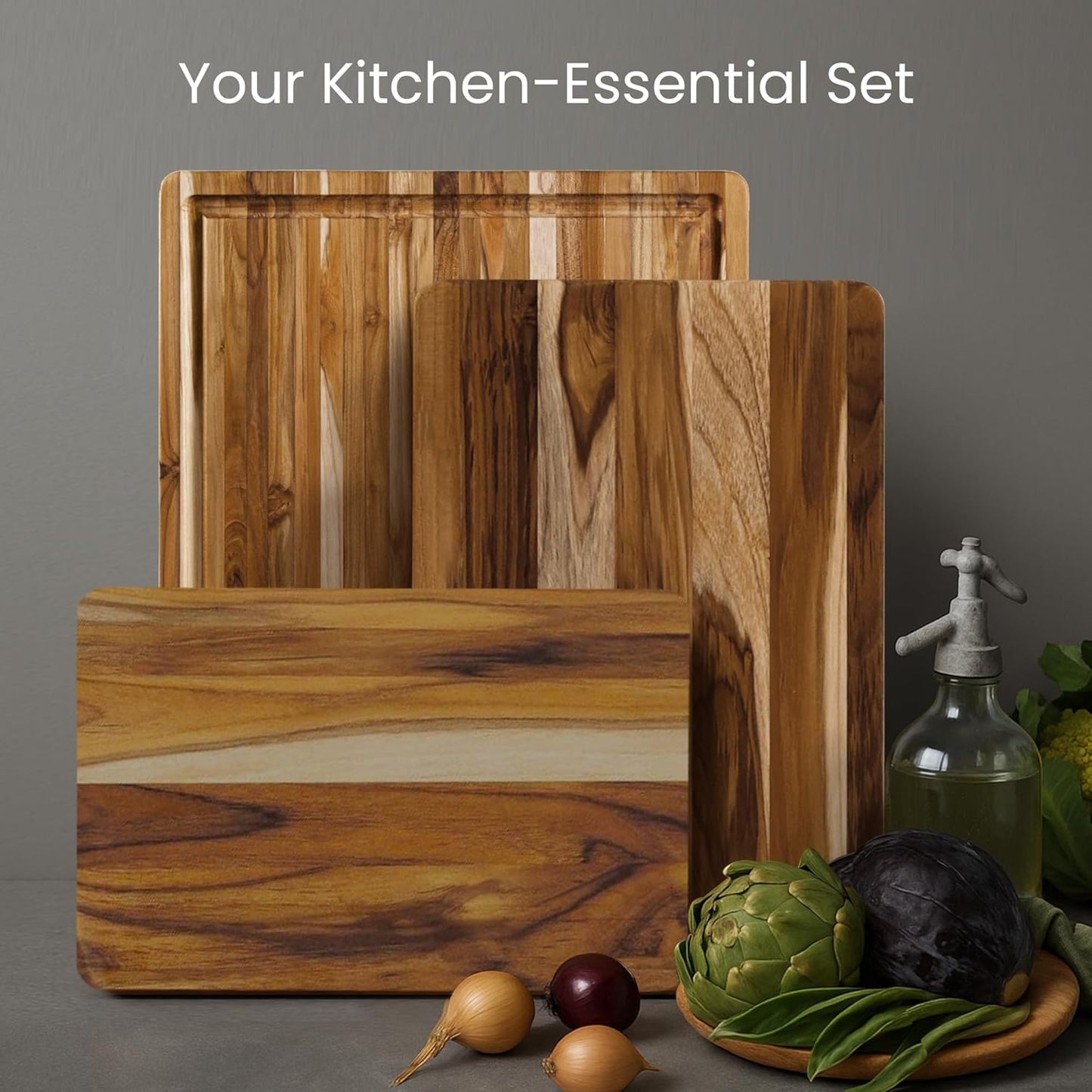 Teakhaus Teak Wood Cutting Board Set | 3 Sizes - Reversible, Knife-Friendly & FSC Certified - Perfect Holiday Gift