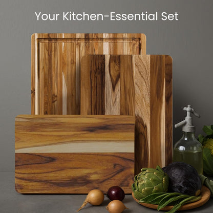 Teakhaus Teak Wood Cutting Board Set | 3 Sizes - Reversible, Knife-Friendly & FSC Certified - Perfect Holiday Gift