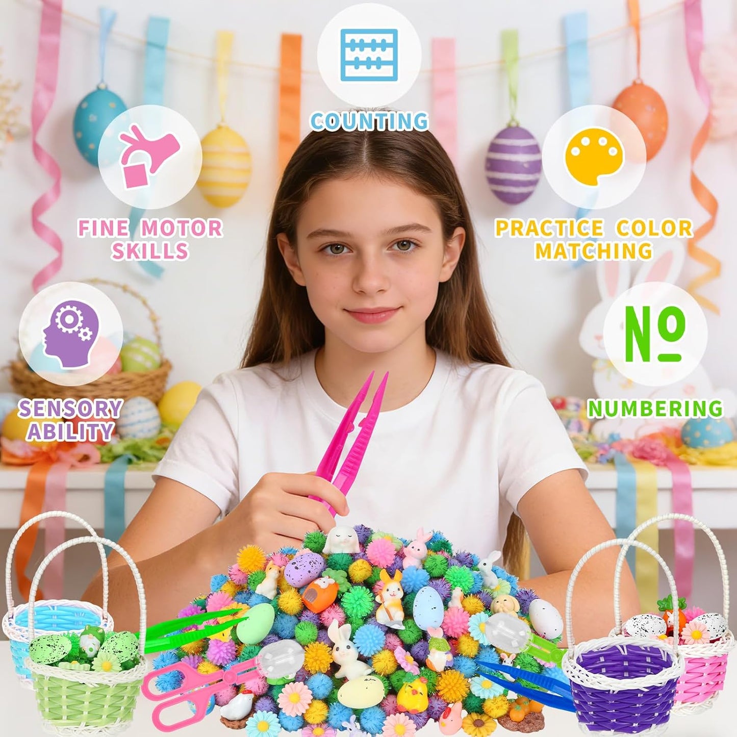 Skiennix Easter Sensory Bin Filler | 287 Pcs with Eggs, Bunnies, Felt Flowers & Pom Poms for Counting Fun