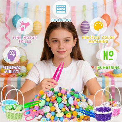 Skiennix Easter Sensory Bin Filler | 287 Pcs with Eggs, Bunnies, Felt Flowers & Pom Poms for Counting Fun