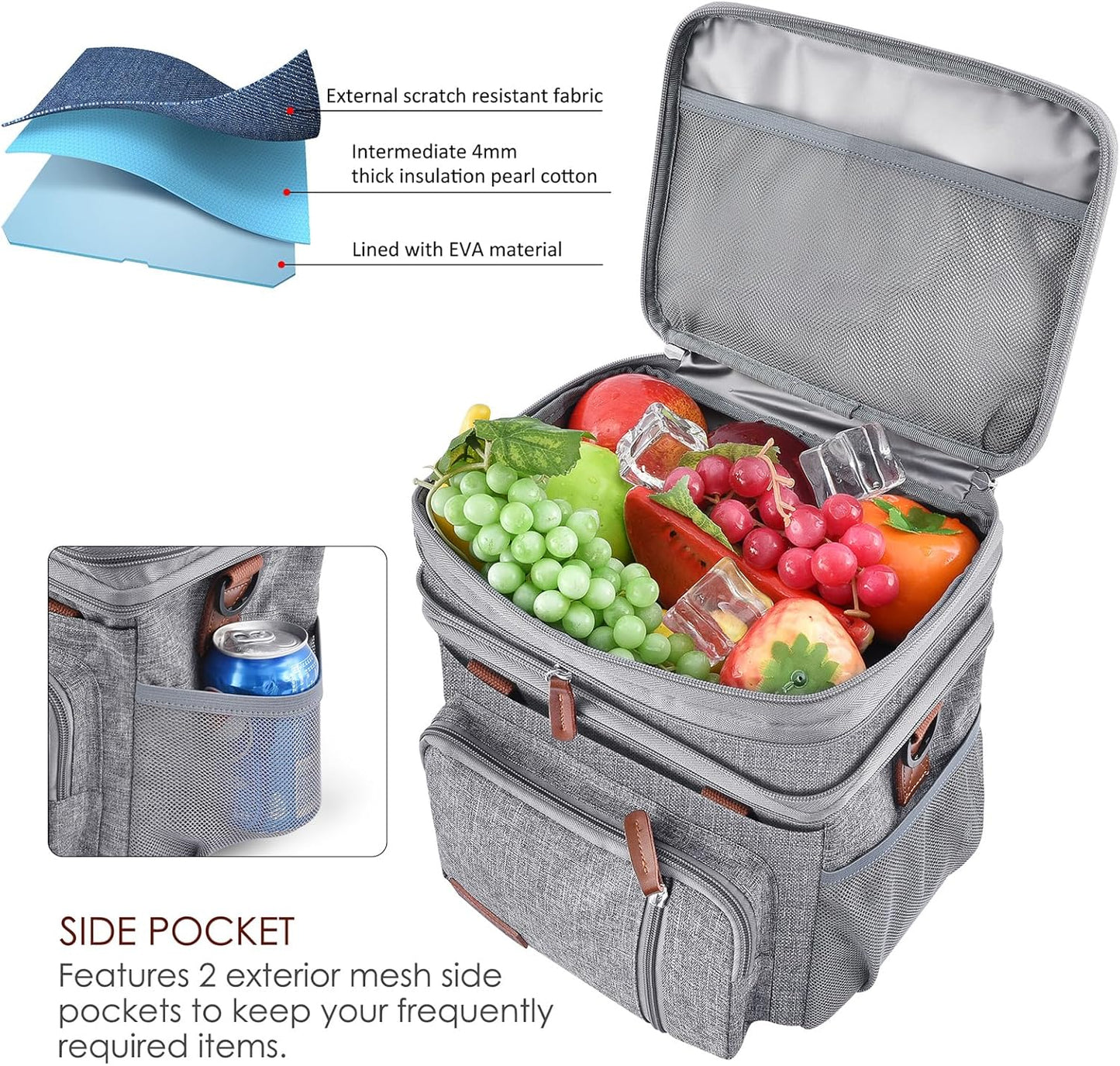 MIYCOO Insulated Lunch Bag - Double Deck Leakproof Cooler for Work, Beach & Travel | Grey, 15L