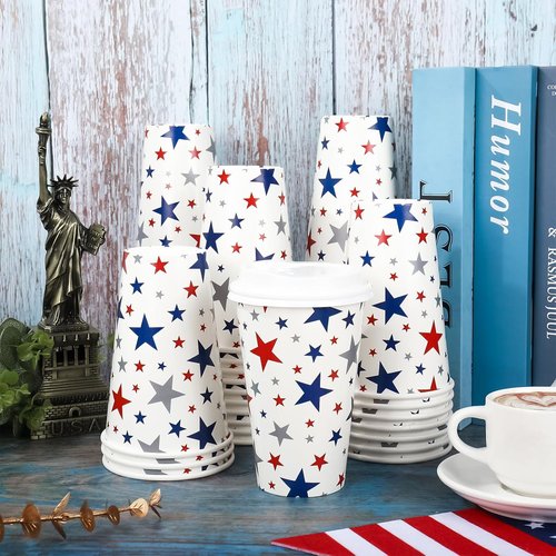 FYSUIMU 50Pcs 16Oz Patriotic Disposable Coffee Cups with Lids - Red & Blue Star Design for 4th of July Celebrations