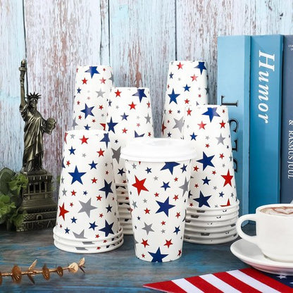 FYSUIMU 50Pcs 16Oz Patriotic Disposable Coffee Cups with Lids - Red & Blue Star Design for 4th of July Celebrations