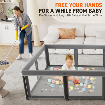 Skiennix Foldable Baby Playpen - 50" x 50" Collapsible Playard for Indoor & Outdoor Use | Portable with Mat & 30 Ocean Balls