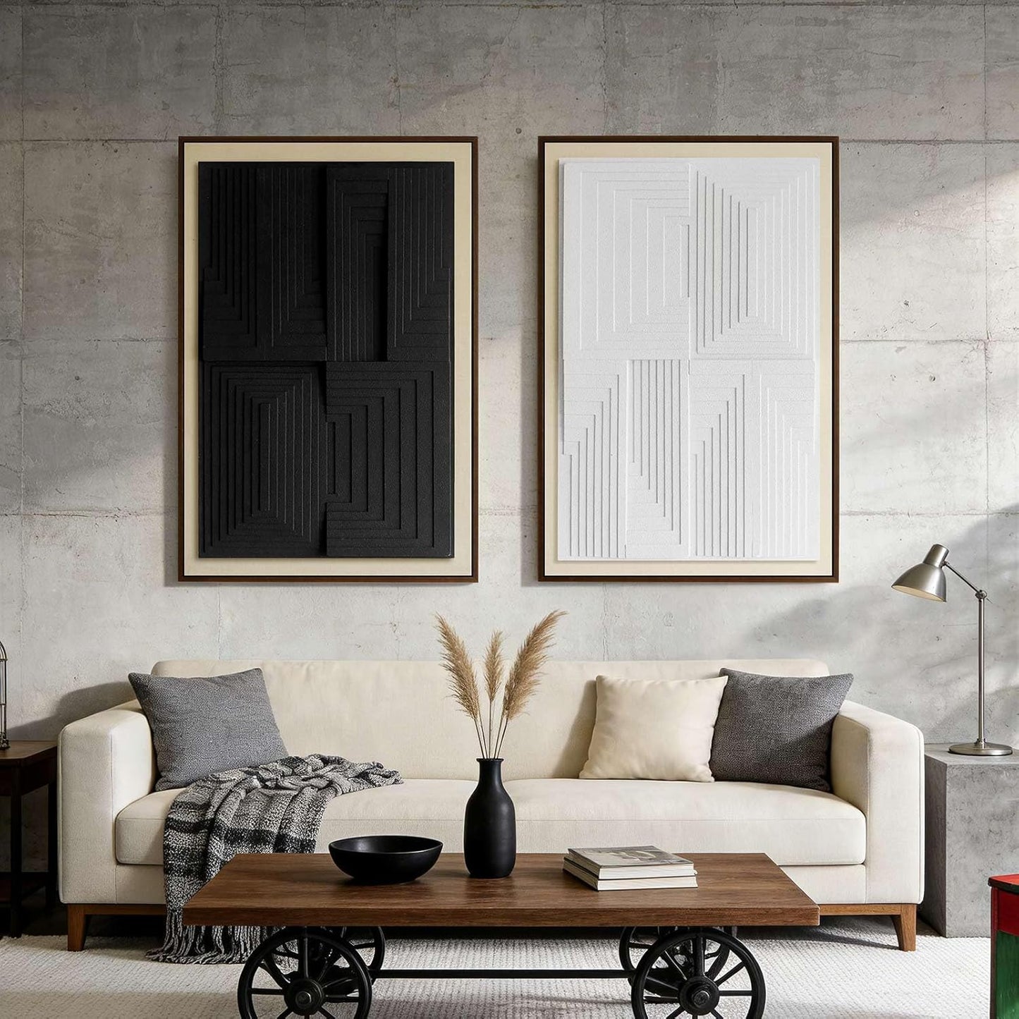 Thalasse 3D Textured Framed Abstract Wall Art - Modern Geometric Black & White Decor | 16x24 In, 2 Piece Set