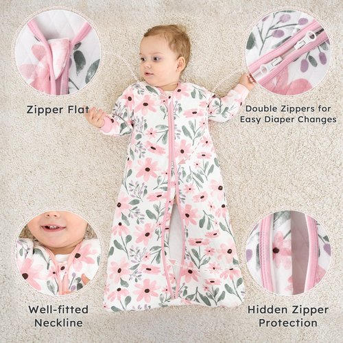 Yoofoss Baby Sleep Sack 6-12 Months 1.0 Tog Long Sleeve Sleep Sack Organic Cotton Wearable Blanket for Infants 2-Way Zipper Quilted Sleeping Sacks(Medium)