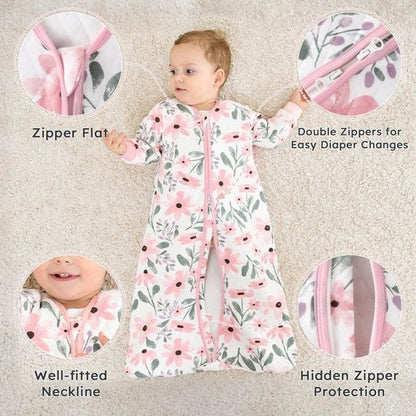 Yoofoss Baby Sleep Sack 6-12 Months 1.0 Tog Long Sleeve Sleep Sack Organic Cotton Wearable Blanket for Infants 2-Way Zipper Quilted Sleeping Sacks(Medium)