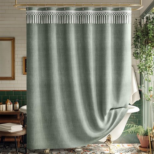 AmazerBath Green Shower Curtains for Bathroom, Boho Farmhouse Shower Curtain with Top Tassels, Sage Green Shower Curtain with 12 Hooks, Faux Linen Fabric Hotel Quality, 72x72 Inches