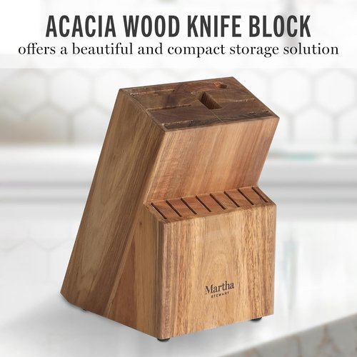 Martha Stewart 16-Piece Knife Block Set - High Carbon Stainless Steel Chef Knives with Acacia Wood Block, Linen White & Gold