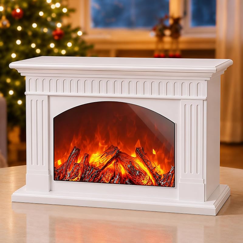 White Electric Fireplace Lantern with Realistic Flame Effect - Portable USB/Battery Powered