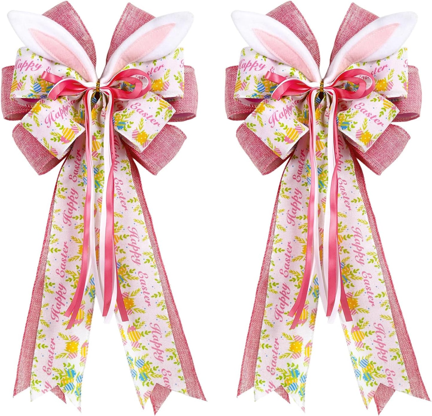 Skiennix Easter Bunny Ear Bows - Large 11"x20" Pink Burlap Decorative Bow for Spring Holiday Decor