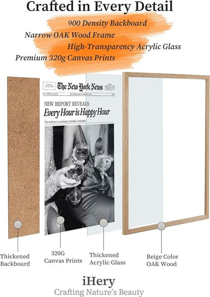 iHery Framed Newspaper Wall Art - Retro New York Prints in Natural Oak Wood | Large 16x20in Decor for Bedroom & Living Room