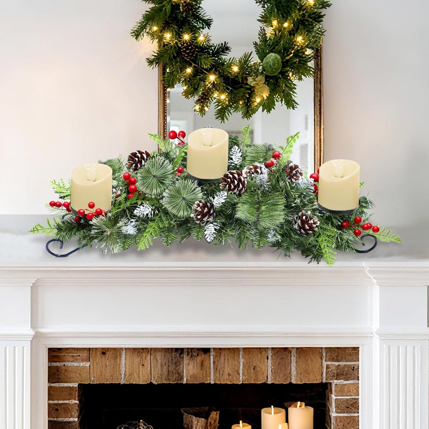Regine Switzerland 30-Inch Christmas Table Centerpiece - 3 Candle Holders, Red Berry & Pinecone Decor