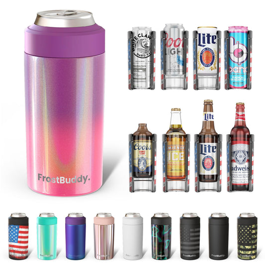 Frost Buddy Universal Can Cooler - Fits all - Stainless Steel Can Cooler for 12 oz & 16 oz Regular or Slim Cans & Bottles - Stainless Steel