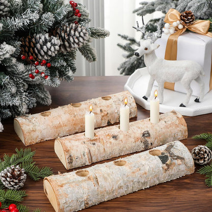 Roowest Birch Wood Taper Candle Holder Set - 3 Pcs Decorative Fireplace Log for Christmas Decor