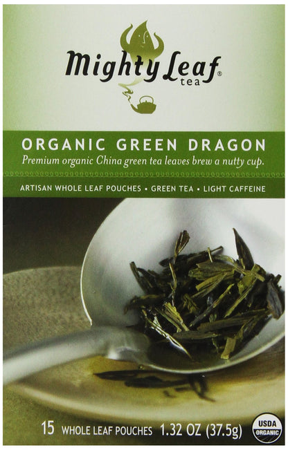 Mighty leaf Whole Leaf Tea, Organic Green Dragon, 15 Tea Bags Individual Pyramid-Style Tea Sachets of Lightly Caffeinated Organic Green Tea, Delicious Hot or Iced, Sweetened or Plain