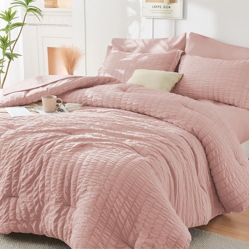 HYMOKEGE Rose Gold Twin Comforter Set Seersucker 5 Pieces, All Season Luxury Bed in a Bag Queen for Bedroom, Bedding Set with Comforter, Sheets, Pillowcase & Sham