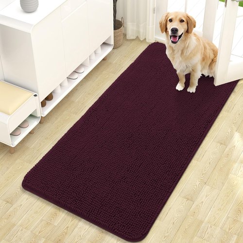 OLANLY Dog Door Mat for Muddy Paws 47x24, Absorbs Moisture and Dirt, Absorbent Non-Slip Washable Doormat, Quick Dry Chenille Mud Mat for Dogs, Entry Indoor Entryway Carpet for Inside Floor, Russet