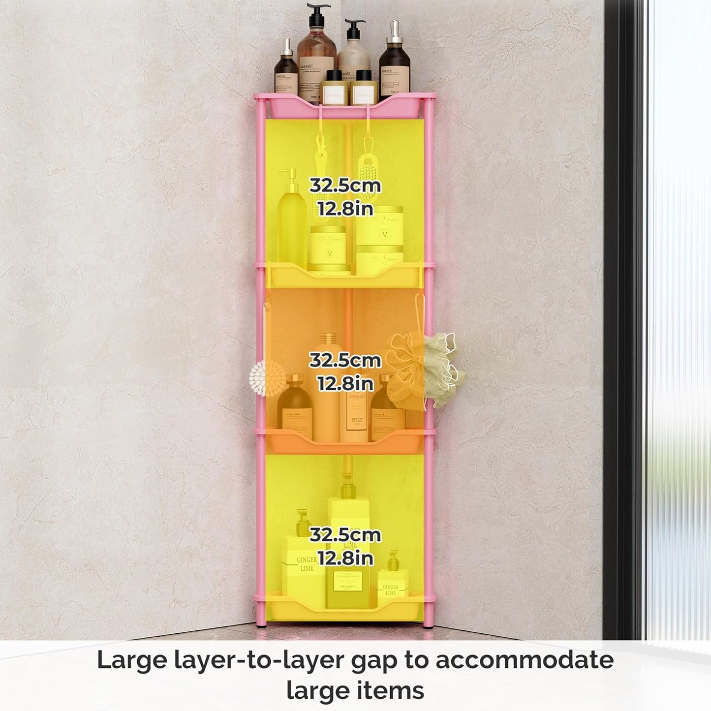 Orimade 4-Tier Rustproof Corner Shower Caddy Organizer - Durable Plastic & Metal, Pink, 10.8 x 10.8 x 44.6 Inches