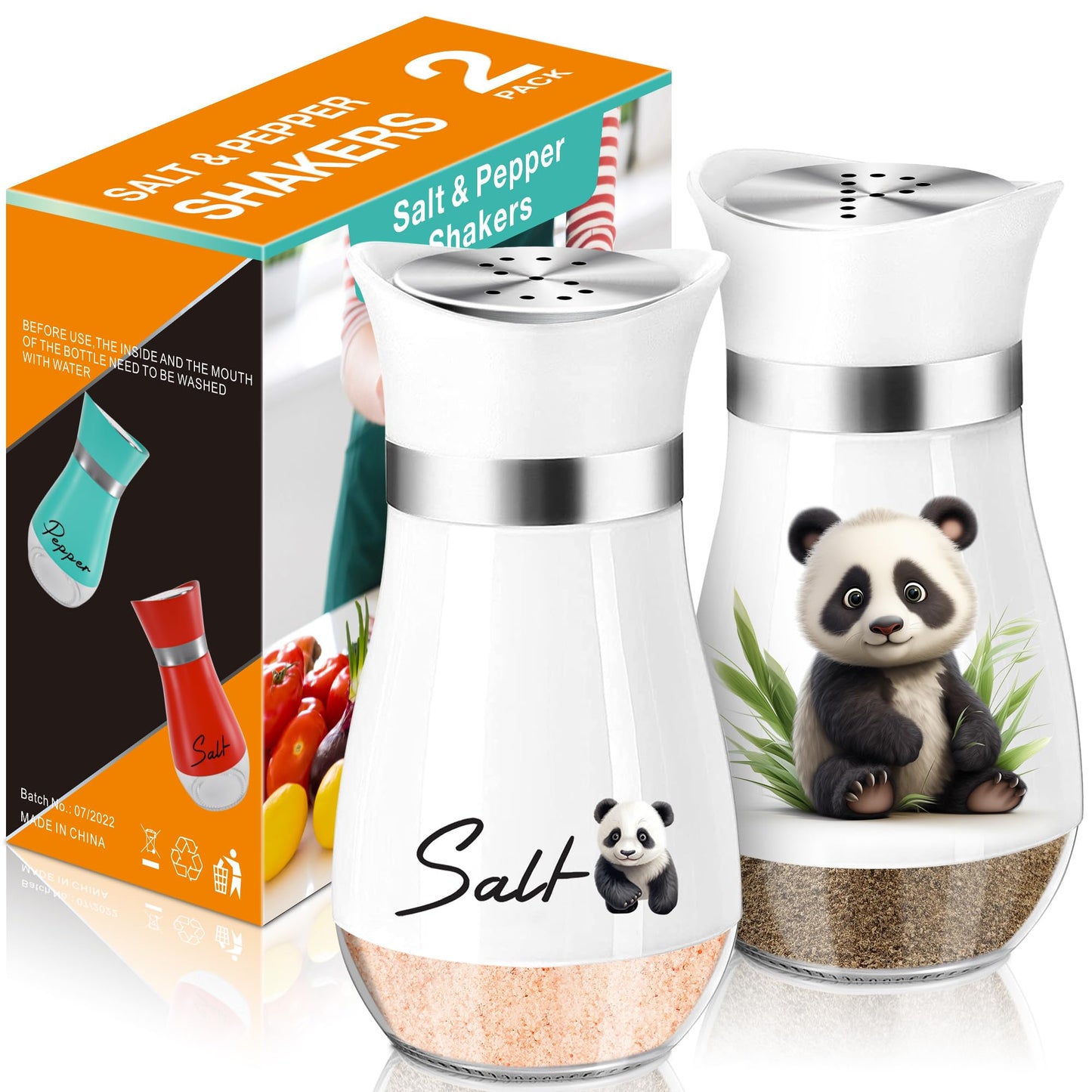 Panda Salt and Pepper Shakers Set,4 oz Glass Bottom Salt Pepper Shaker with Stainless Steel Lid Kitchen Decor and Accessories Refillable Design(Panda Sitting)