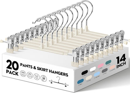 Skiennix 14-Inch Pants Hangers - Adjustable Metal Clips for Non-Slip Skirts & Trousers | 20-Pack