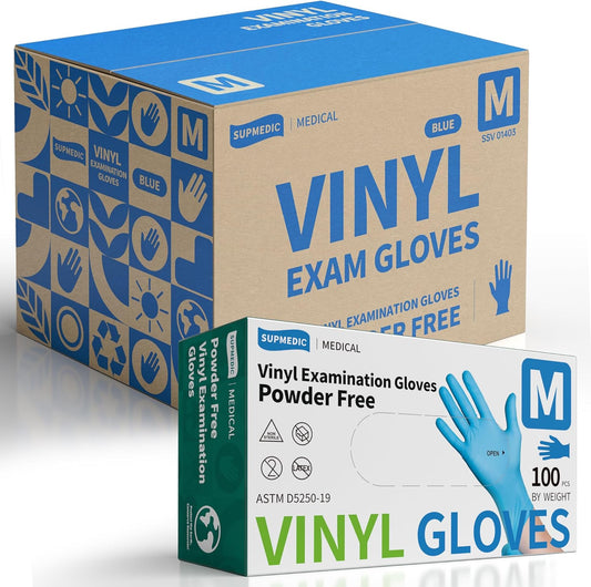 Supmedic Vinyl Disposable Exam Gloves - Powder-Free, Latex-Free, Food Grade - Blue, 100 Ct & 1000 Ct