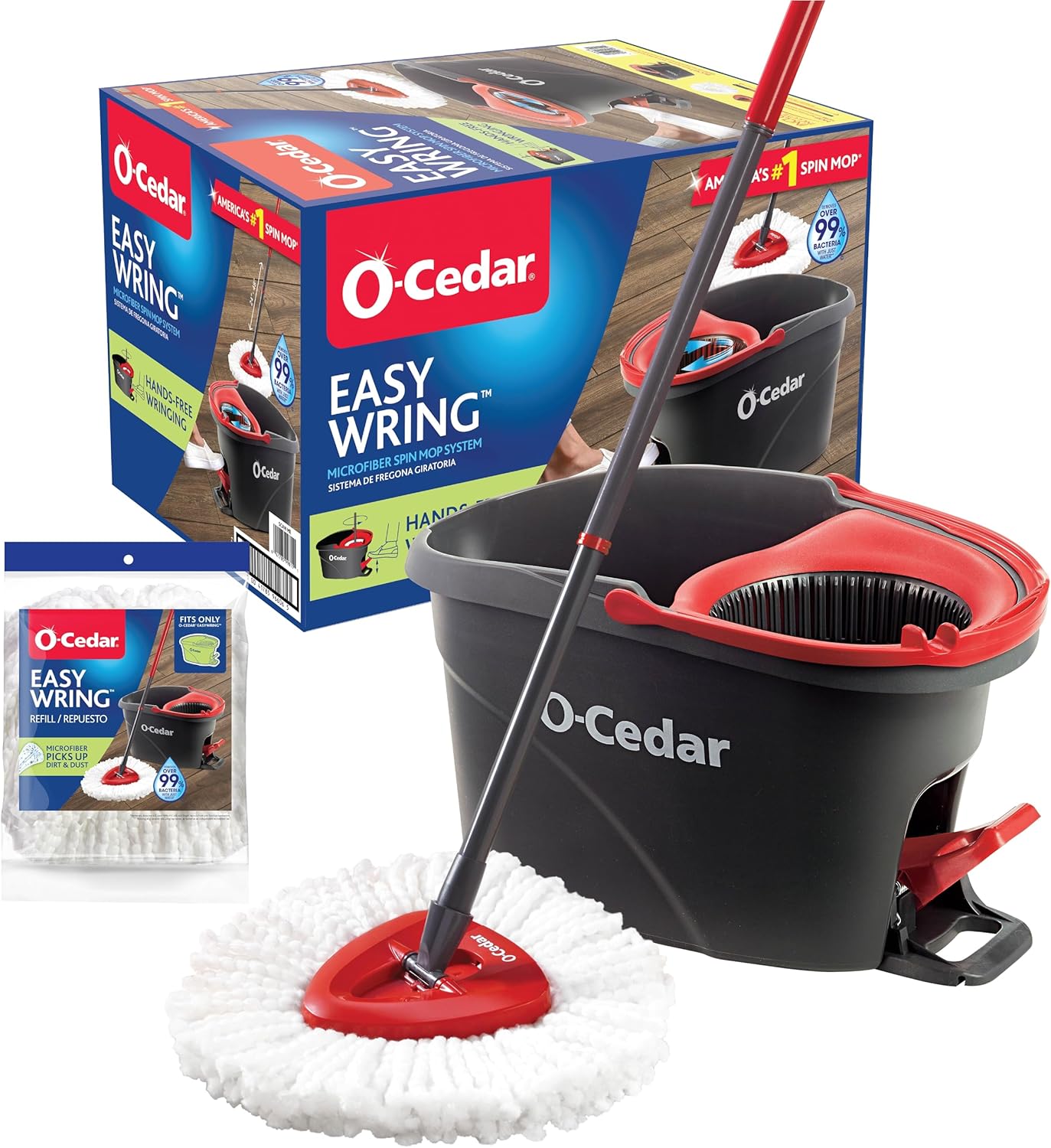 O-Cedar EasyWring Microfiber Spin Mop & Bucket | Efficient Floor Cleaning System with Extra Refill - Red/Gray