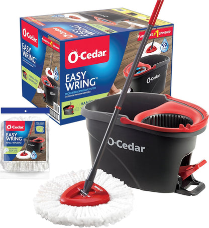 O-Cedar EasyWring Microfiber Spin Mop & Bucket | Efficient Floor Cleaning System with Extra Refill - Red/Gray