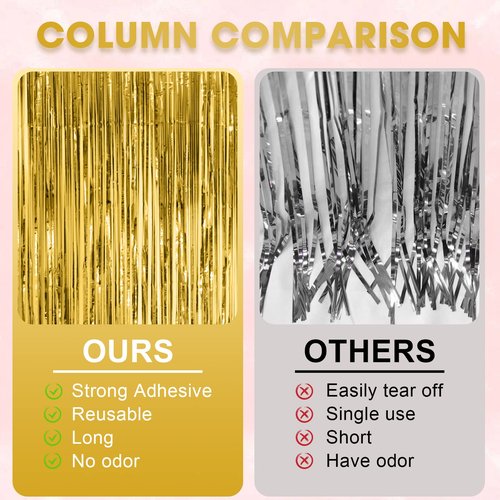 Voircoloria 3 Pack 3.3x8.2 Feet Gold Foil Fringe Backdrop Curtains, Tinsel Streamers, Fringe Backdrop for 2025 New Years Eve, Graduation, Birthday, Baby Shower, Gender Reveal, Disco Party