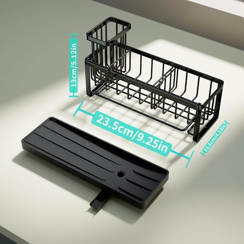 HapiRm Sponge Holder - Self-Draining Sink Caddy with Brush & Dishcloth Holders | Stainless Steel - Black