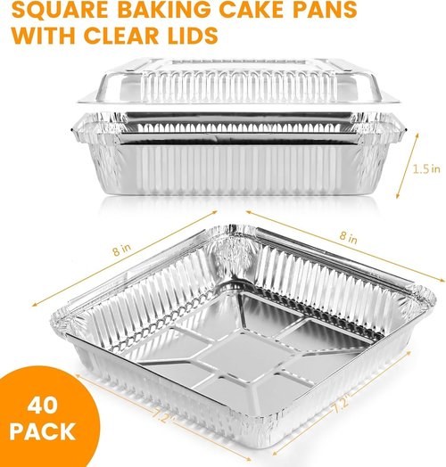 Aluminum Pans | 40 Pack 8x8 Inch Square Baking Pans with Clear Plastic Lids - Disposable Food Containers for Cooking & Storing